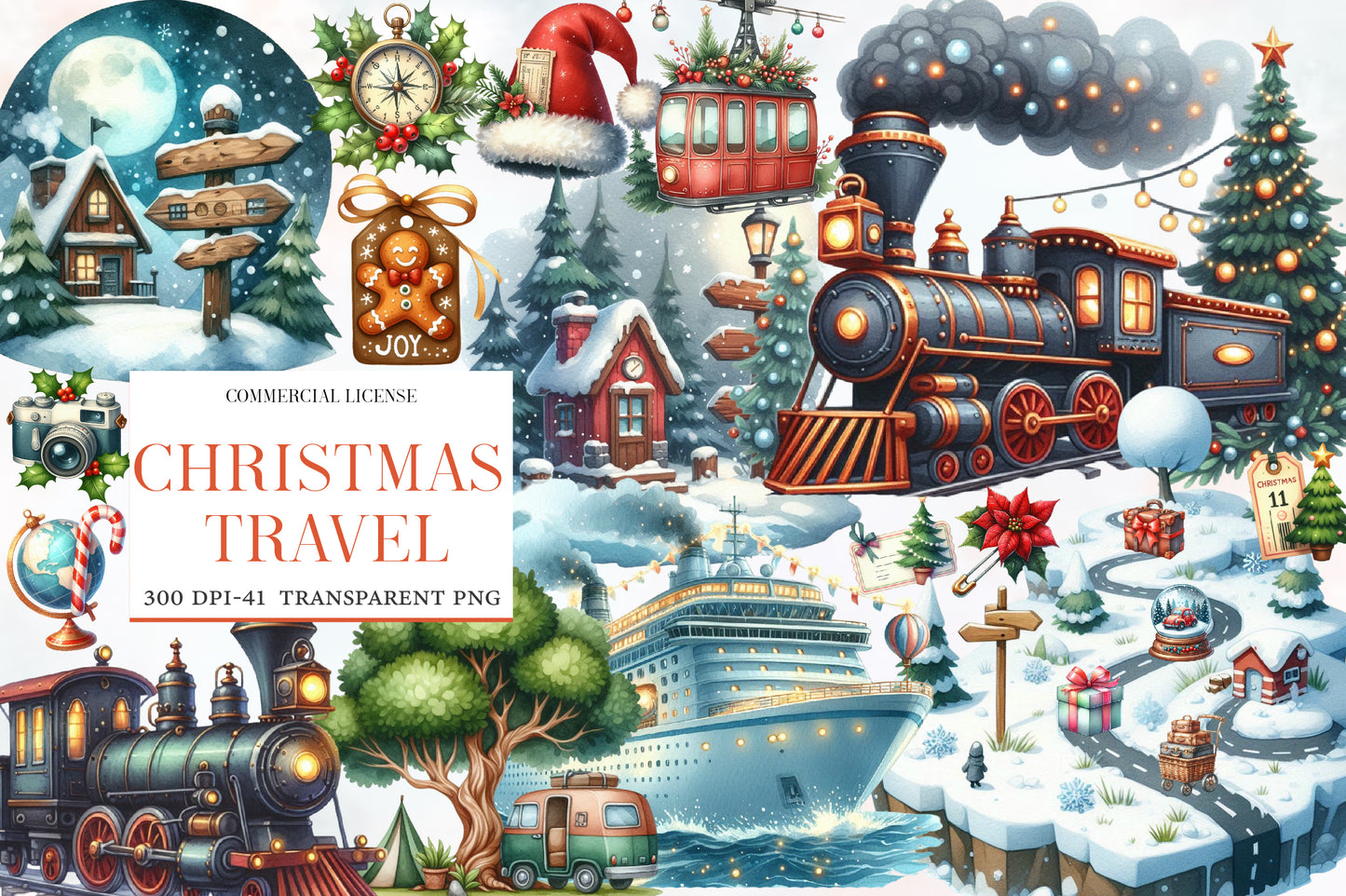 Christmas Travel Clipart PNG Bundle | Watercolor Christmas Travel Clipart | Festive Holiday Vacation Sublimation PNG