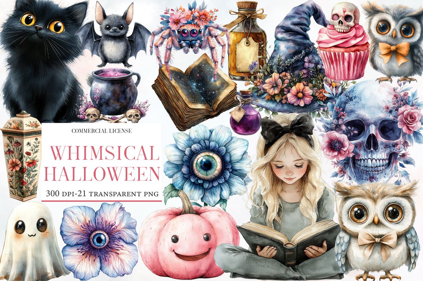 Whimsical Halloween Clipart Sublimation PNG Bundle | Cute Witch, Ghost, Pumpkin, Bat & Cat | Spooky Watercolor PNG