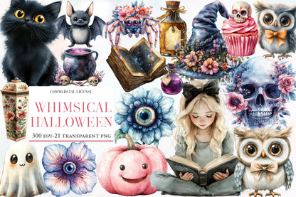 Whimsical Halloween Clipart Sublimation PNG Bundle | Cute Witch, Ghost, Pumpkin, Bat & Cat | Spooky Watercolor PNG