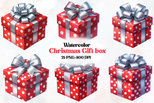 21 Christmas Gift Box PNG Clipart Bundle Watercolor Red Silver Present