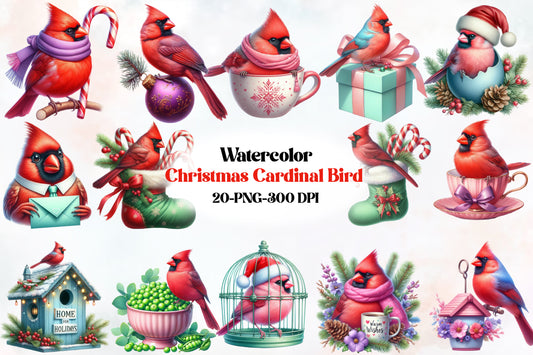 20 Christmas Cardinal Bird PNG Clipart Bundle Watercolor Holiday Red Bird