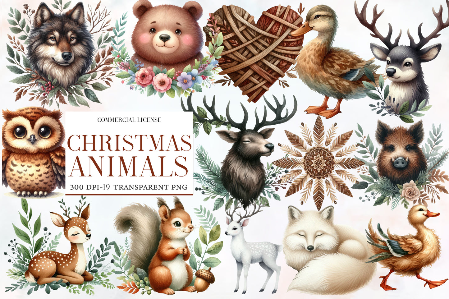 Christmas Animals Clipart PNG Bundle | Woodland Christmas Animal Watercolor Clipart | Rustic Winter Sublimation PNG