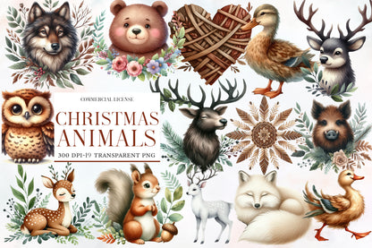 Christmas Animals Clipart PNG Bundle | Woodland Christmas Animal Watercolor Clipart | Rustic Winter Sublimation PNG