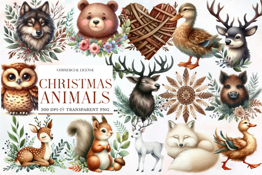 Christmas Animals Clipart PNG Bundle | Woodland Christmas Animal Watercolor Clipart | Rustic Winter Sublimation PNG