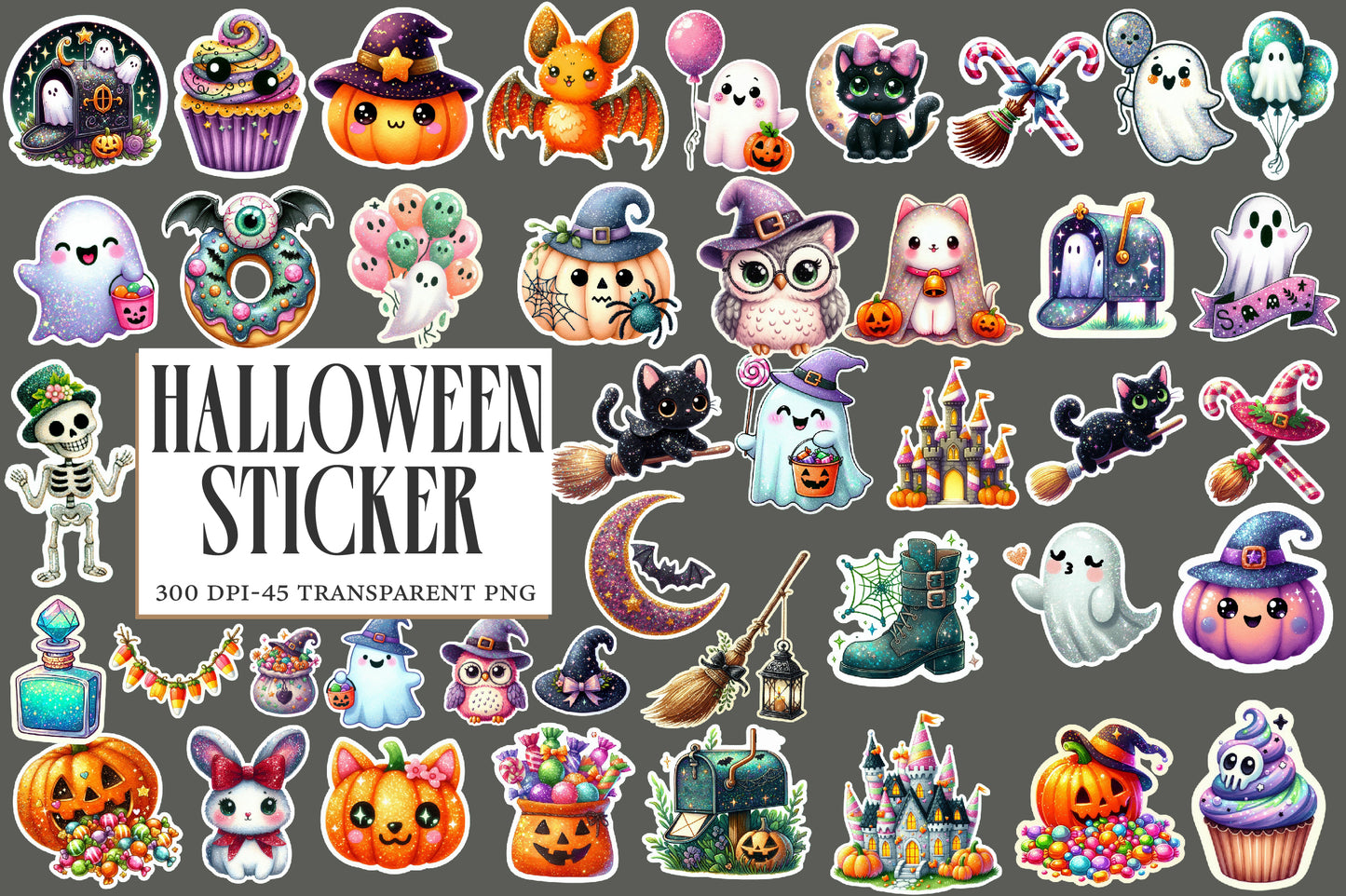 Halloween Sticker Clipart PNG Bundle | 45 Cute Glitter Halloween Stickers, Ghost Witch Cat Pumpkin Bat,