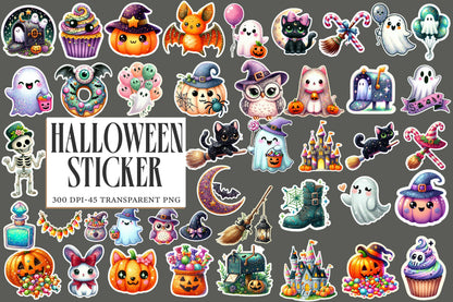 Halloween Sticker Clipart PNG Bundle | 45 Cute Glitter Halloween Stickers, Ghost Witch Cat Pumpkin Bat,