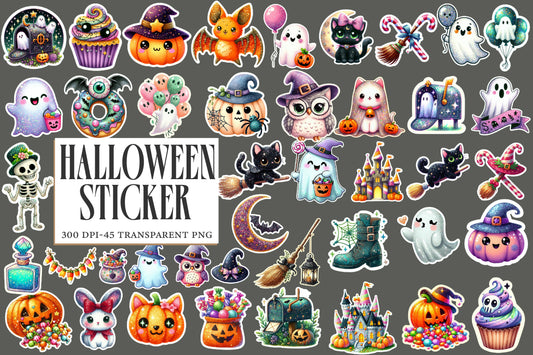 Halloween Sticker Clipart PNG Bundle | 45 Cute Glitter Halloween Stickers, Ghost Witch Cat Pumpkin Bat,