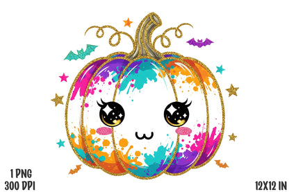 Colorful Halloween Pumpkin Kawaii Splatter PNG Sublimation Design