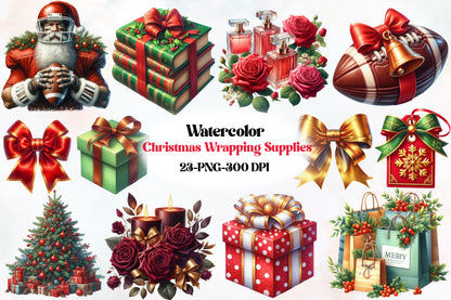 Watercolor Christmas Wrapping Supplies Clipart PNG Bundle | Gift Boxes, Bows & Holiday Packaging Designs