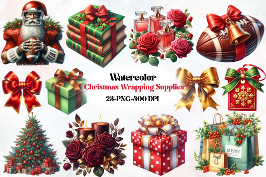Watercolor Christmas Wrapping Supplies Clipart PNG Bundle | Gift Boxes, Bows & Holiday Packaging Designs