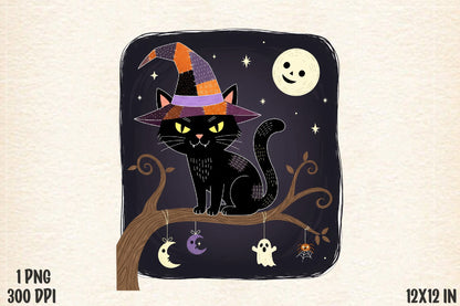 Halloween Black Cat Witch Sublimation PNG