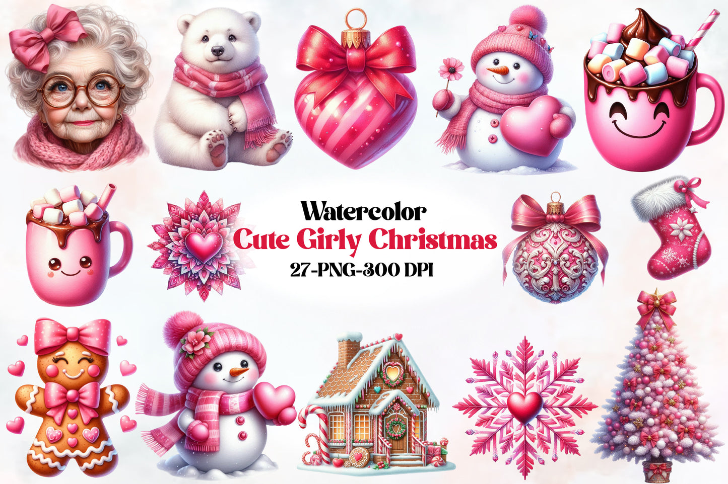 Cute Girly Christmas PNG Bundle Pink Christmas Clipart