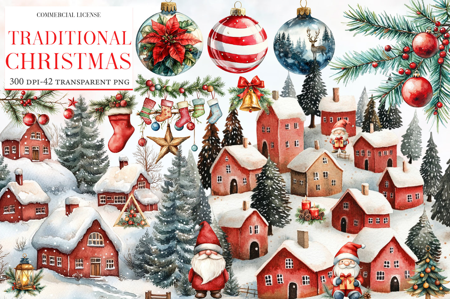 Traditional Christmas Watercolor Clipart PNG Bundle | Christmas Village PNG | Christmas Ornament Sublimation
