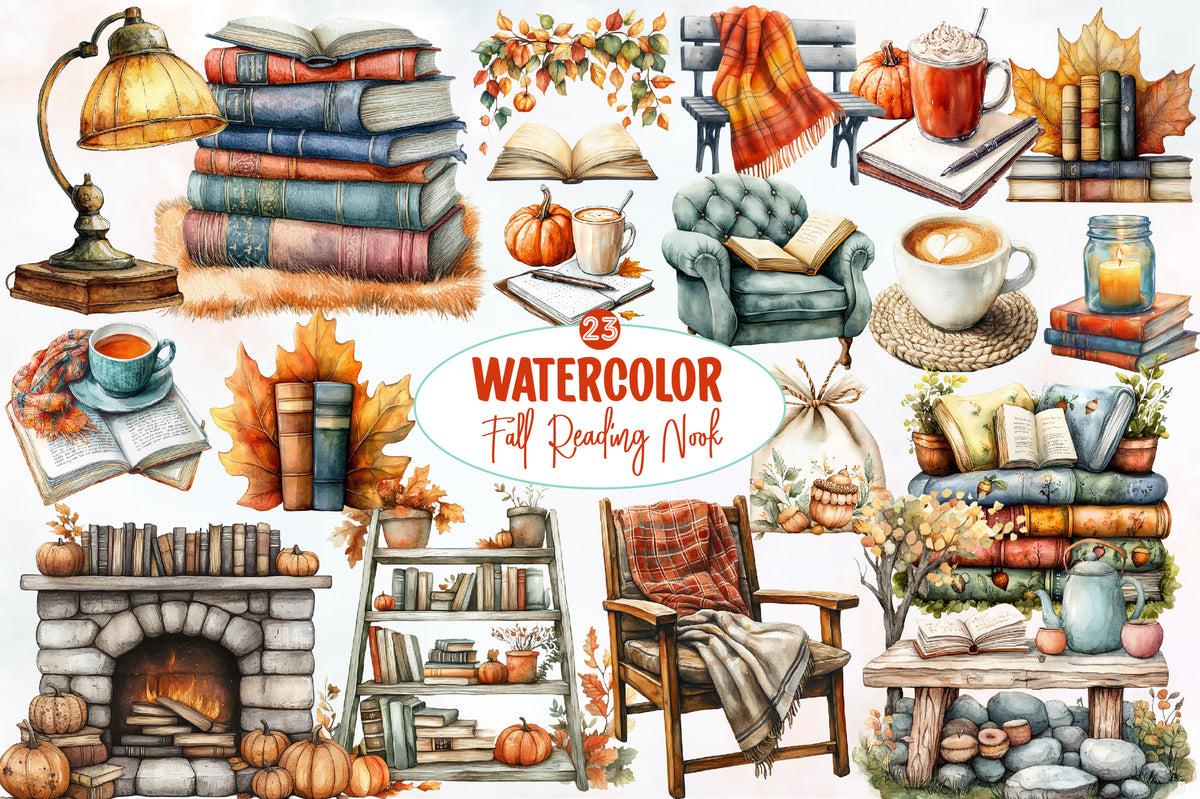 Watercolor Fall Reading Nook Clipart Bundle 23 PNG