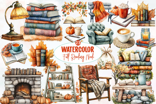 Watercolor Fall Reading Nook Clipart Bundle 23 PNG
