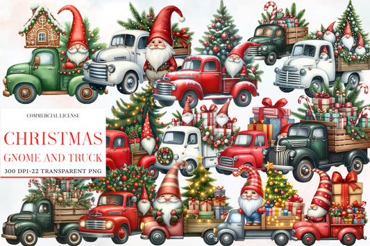 Christmas Gnome and Truck Clipart PNG Bundle | Watercolor Vintage Red Truck & Christmas Gnome Clipart | Holiday Sublimation PNG