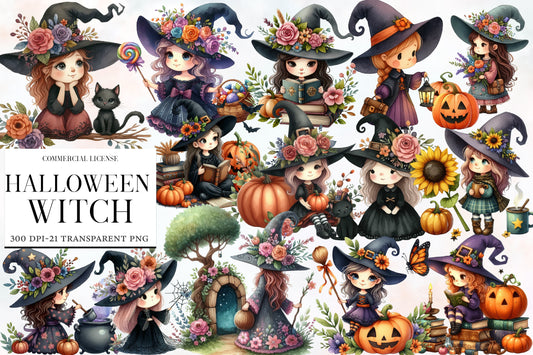 Halloween Witch PNG Bundle | Cute Witch Clipart, Floral Witch, Pumpkin & Black Cat