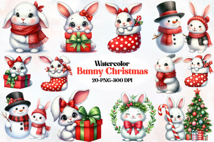 Bunny Christmas Clipart PNG Bundle | Cute Christmas Bunny, Rabbit, Snowman, Gifts & Stocking Designs