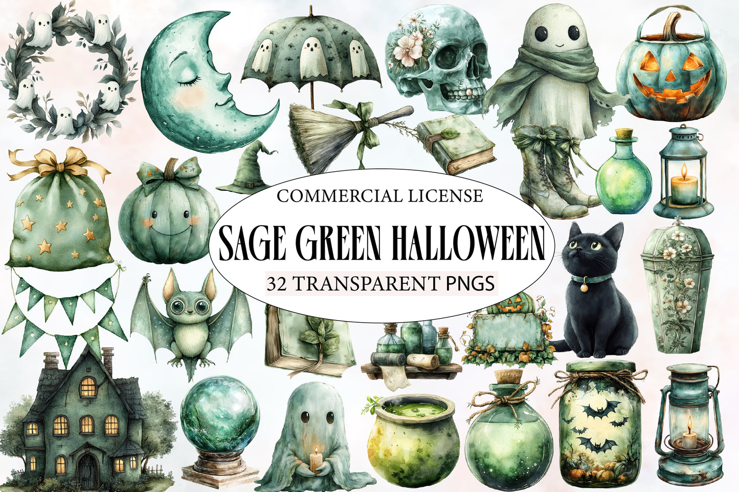 Sage Green Halloween Watercolor Clipart PNG Bundle | Sage Green Halloween Clipart | Green Halloween Sublimation PNG