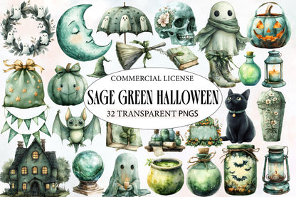 Sage Green Halloween Watercolor Clipart PNG Bundle | Sage Green Halloween Clipart | Green Halloween Sublimation PNG