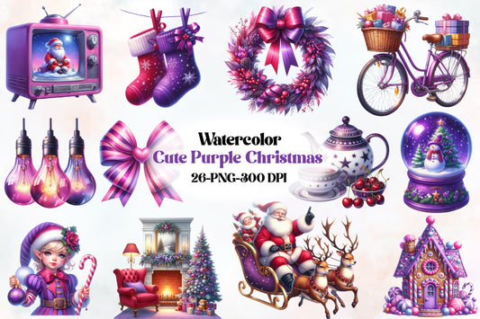 Cute Purple Christmas PNG Bundle Watercolor Holiday Clipart