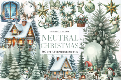 Neutral Christmas Clipart PNG Bundle | Green Christmas Watercolor Clipart | Rustic Winter Holiday Sublimation PNG