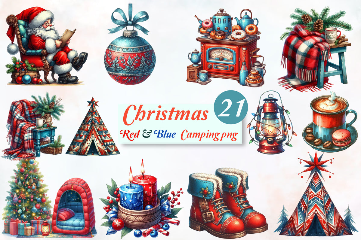Christmas Red & Blue Camping PNG Bundle 21 Watercolor Clipart
