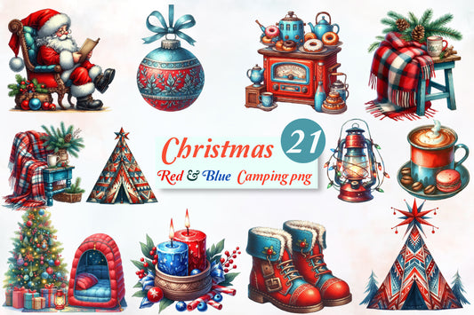 Christmas Red & Blue Camping PNG Bundle 21 Watercolor Clipart
