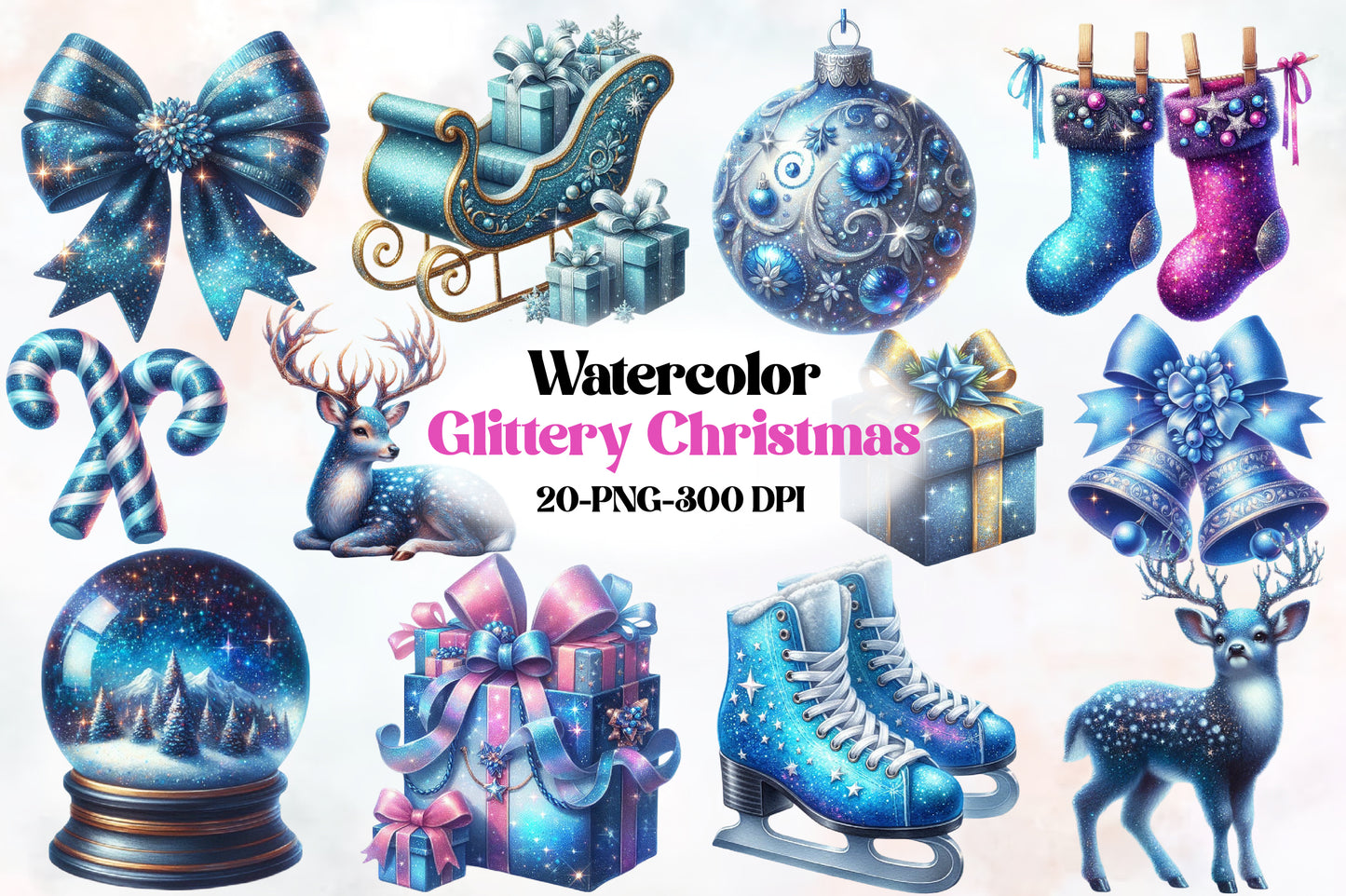 Glittery Christmas Clipart PNG Bundle | Sparkling Blue Christmas Bow, Sleigh, Ornaments, Gifts, Reindeer & Winter Designs