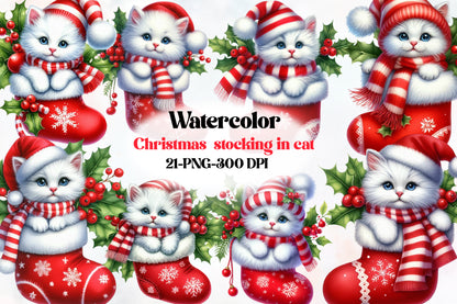 Christmas Cat Stocking Clipart PNG Bundle | Watercolor Christmas Cats, Red Stockings, Santa Hats, Scarf & Holly Berry