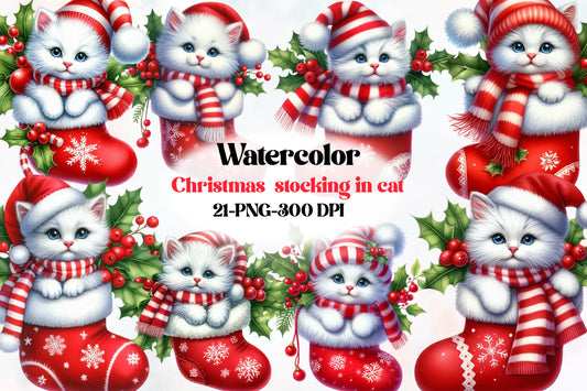 Christmas Cat Stocking Clipart PNG Bundle | Watercolor Christmas Cats, Red Stockings, Santa Hats, Scarf & Holly Berry