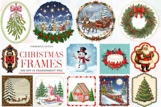 Christmas Frames Clipart PNG Bundle | Watercolor Festive Christmas Frame Clipart | Holiday Border Sublimation PNG