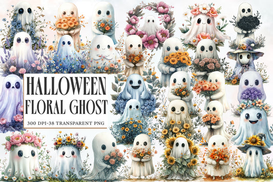 Halloween Floral Ghost Clipart PNG | Cute Ghosts with Flowers, Kawaii Halloween Ghost PNG