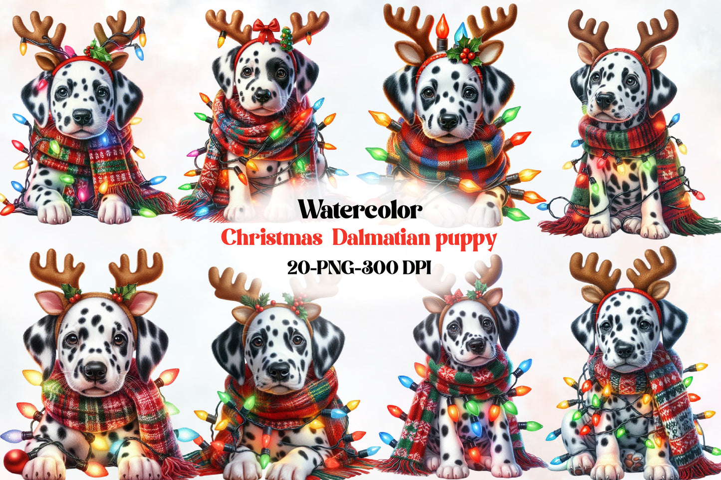 Christmas Dalmatian Puppy PNG Clipart Bundle | Watercolor Dalmatian Dogs, Reindeer Puppies, Christmas Lights & Scarves