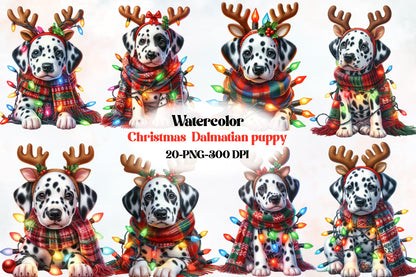 Christmas Dalmatian Puppy PNG Clipart Bundle | Watercolor Dalmatian Dogs, Reindeer Puppies, Christmas Lights & Scarves