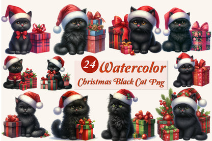 Christmas Black Cat PNG Clipart Bundle | Watercolor Black Cats with Santa Hats, Christmas Gifts, Bows & Holiday Decorations