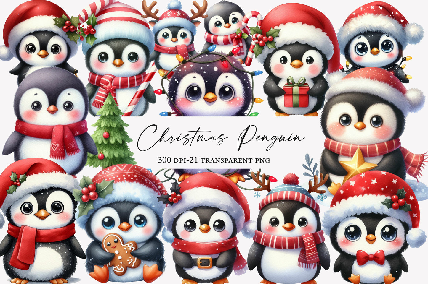 Christmas Funny Penguin Clipart PNG Bundle | Watercolor Cute Funny Christmas Penguin Clipart | Holiday Penguin Sublimation PNG