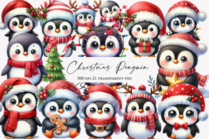 Christmas Funny Penguin Clipart PNG Bundle | Watercolor Cute Funny Christmas Penguin Clipart | Holiday Penguin Sublimation PNG