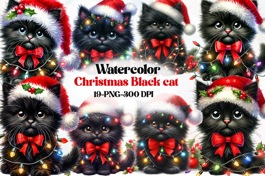 Christmas Black Cat Clipart PNG Bundle | Cute Watercolor Black Cat, Santa Hat, Christmas Lights & Festive Kitty Designs
