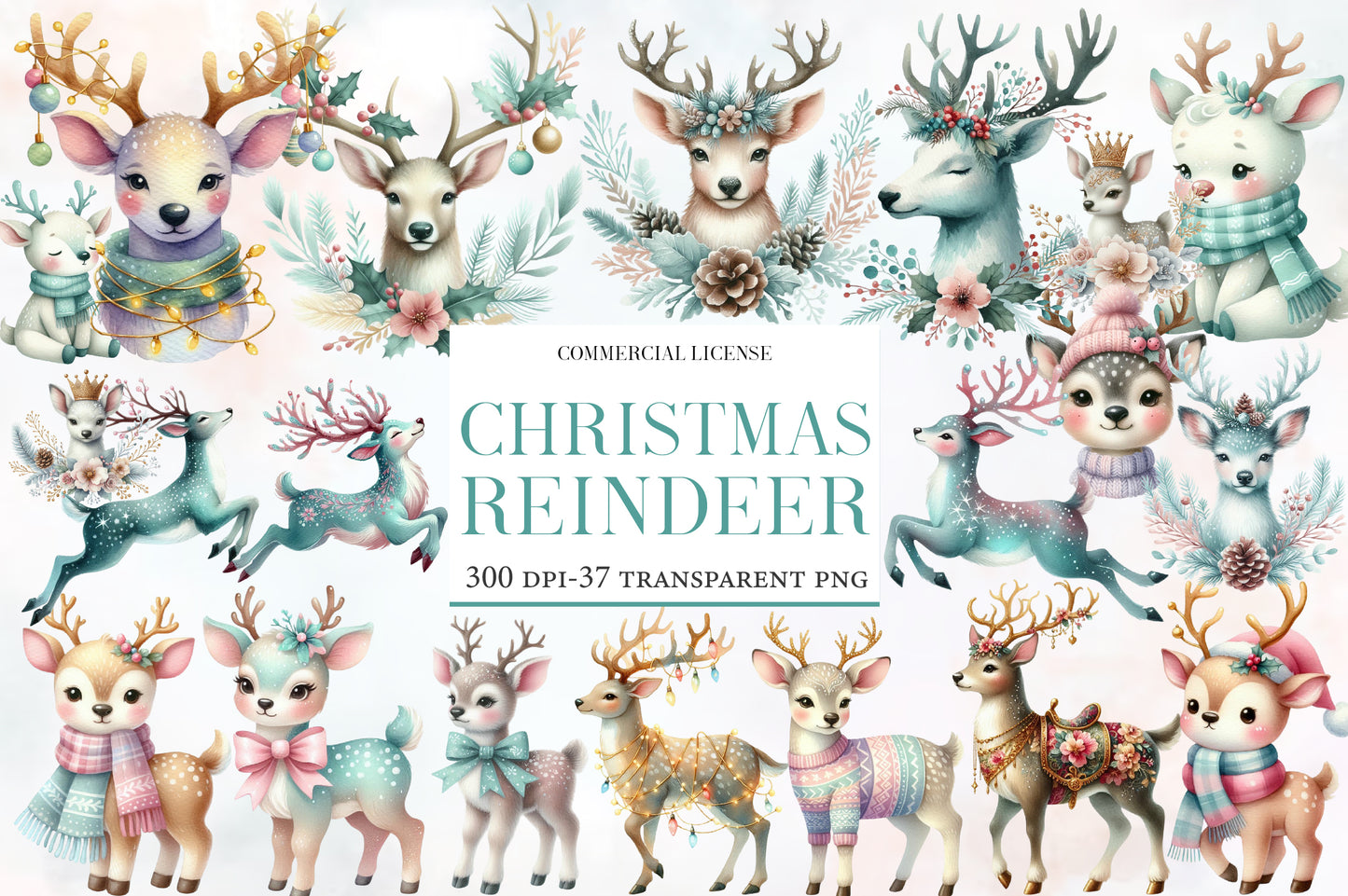 Christmas Reindeer Clipart PNG Bundle | Watercolor Cute Reindeer Christmas Clipart | Holiday Winter Animal Sublimation PNG