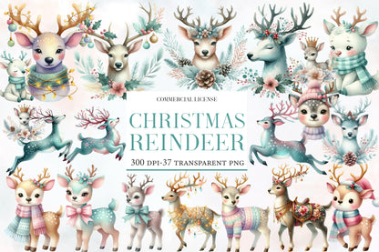 Christmas Reindeer Clipart PNG Bundle | Watercolor Cute Reindeer Christmas Clipart | Holiday Winter Animal Sublimation PNG