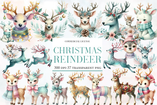 Christmas Reindeer Clipart PNG Bundle | Watercolor Cute Reindeer Christmas Clipart | Holiday Winter Animal Sublimation PNG
