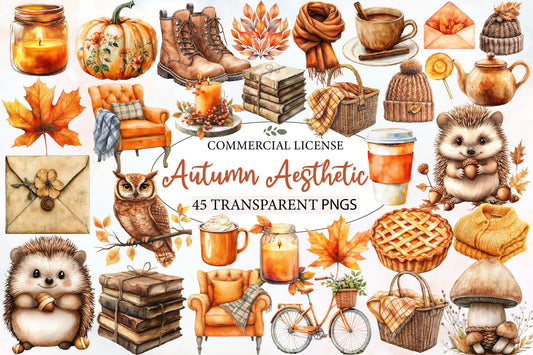 Autumn Aesthetic Elements Clipart PNG Bundle | Watercolor Fall Cozy Elements Clipart | Boho Autumn PNG