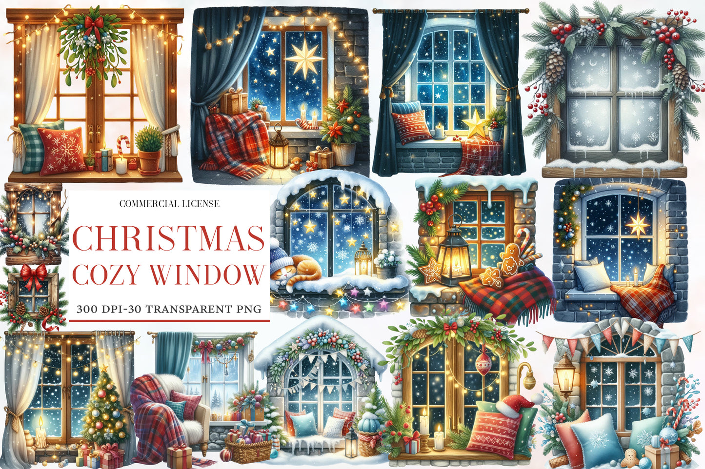 Christmas Cozy Window Clipart PNG Bundle | Watercolor Warm Winter Window Clipart | Festive Holiday Sublimation PNG