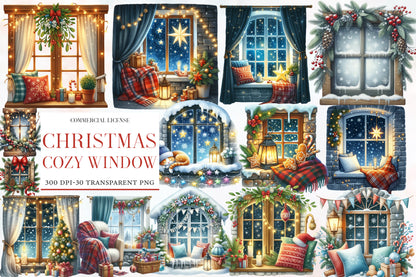 Christmas Cozy Window Clipart PNG Bundle | Watercolor Warm Winter Window Clipart | Festive Holiday Sublimation PNG