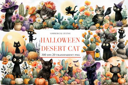 Halloween Desert Cat Clipart PNG | Cute Black Cat & Cactus Clipart, Desert Halloween PNG