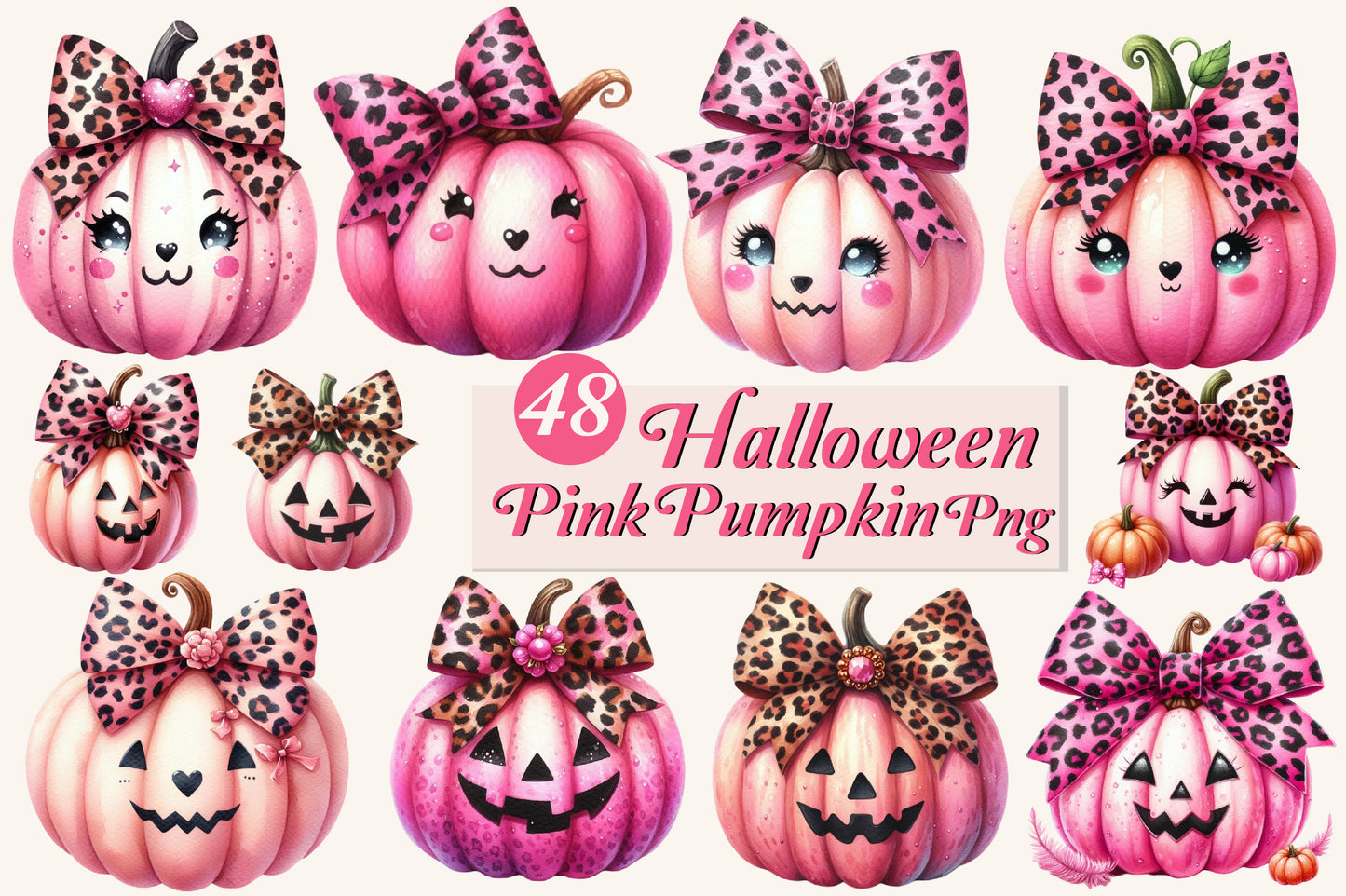 48 Halloween Pink Pumpkin PNG Bundle Leopard Bow Cute Fall Clipart