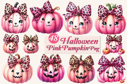 48 Halloween Pink Pumpkin PNG Bundle Leopard Bow Cute Fall Clipart