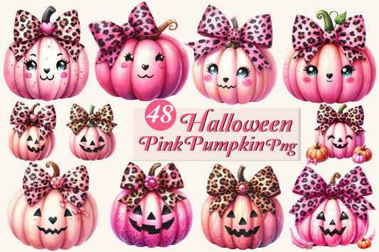 48 Halloween Pink Pumpkin PNG Bundle Leopard Bow Cute Fall Clipart
