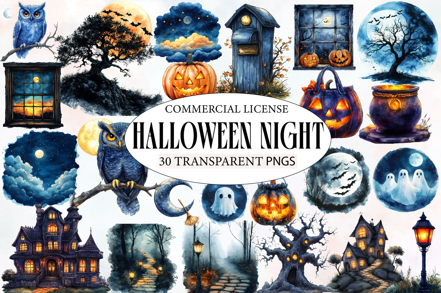 Halloween Night Clipart PNG | Spooky Night PNG, Halloween Moon Clipart, Owl & Haunted House PNG,